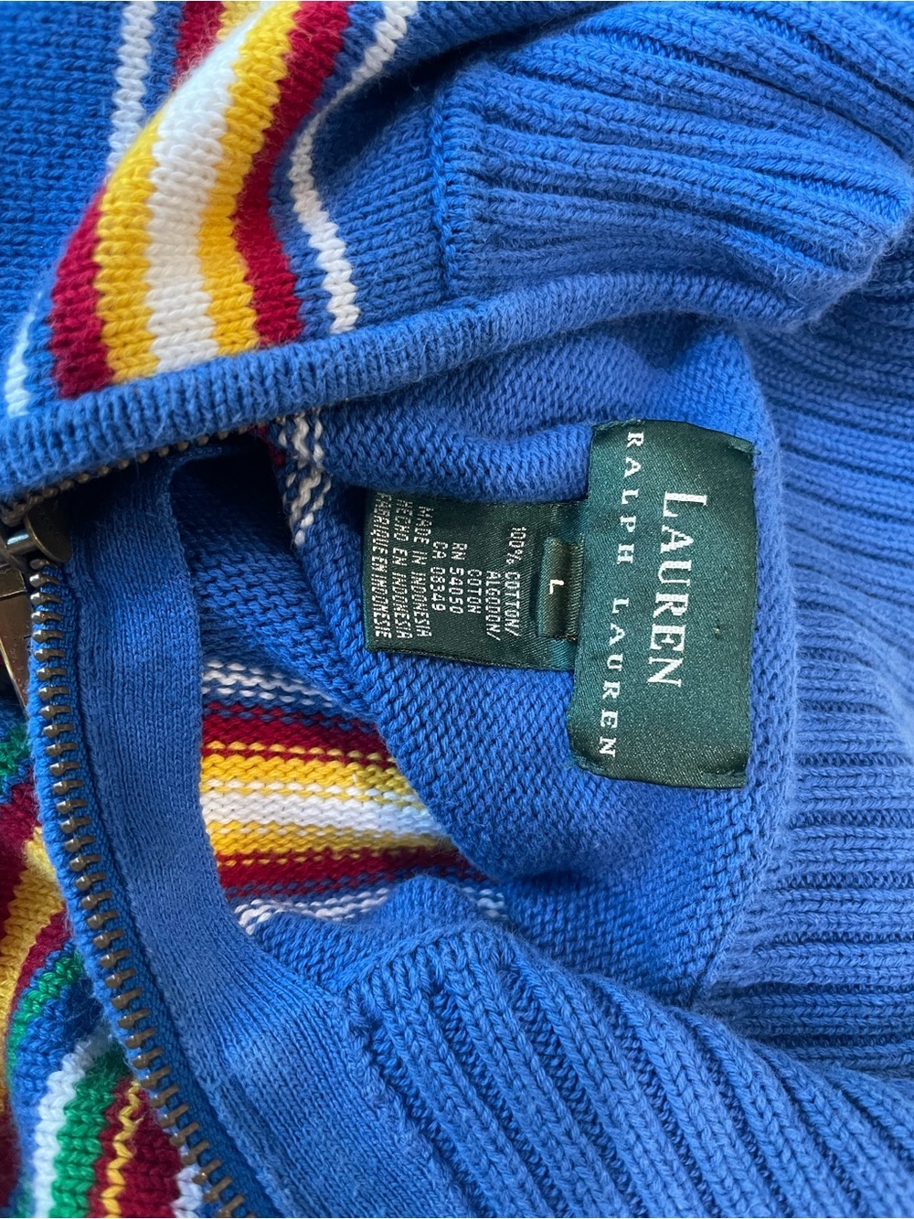 Ralph Lauren Vintage Blue Zip-Neck Sweater with Multicolor Stripes - Picture 6 of 6
